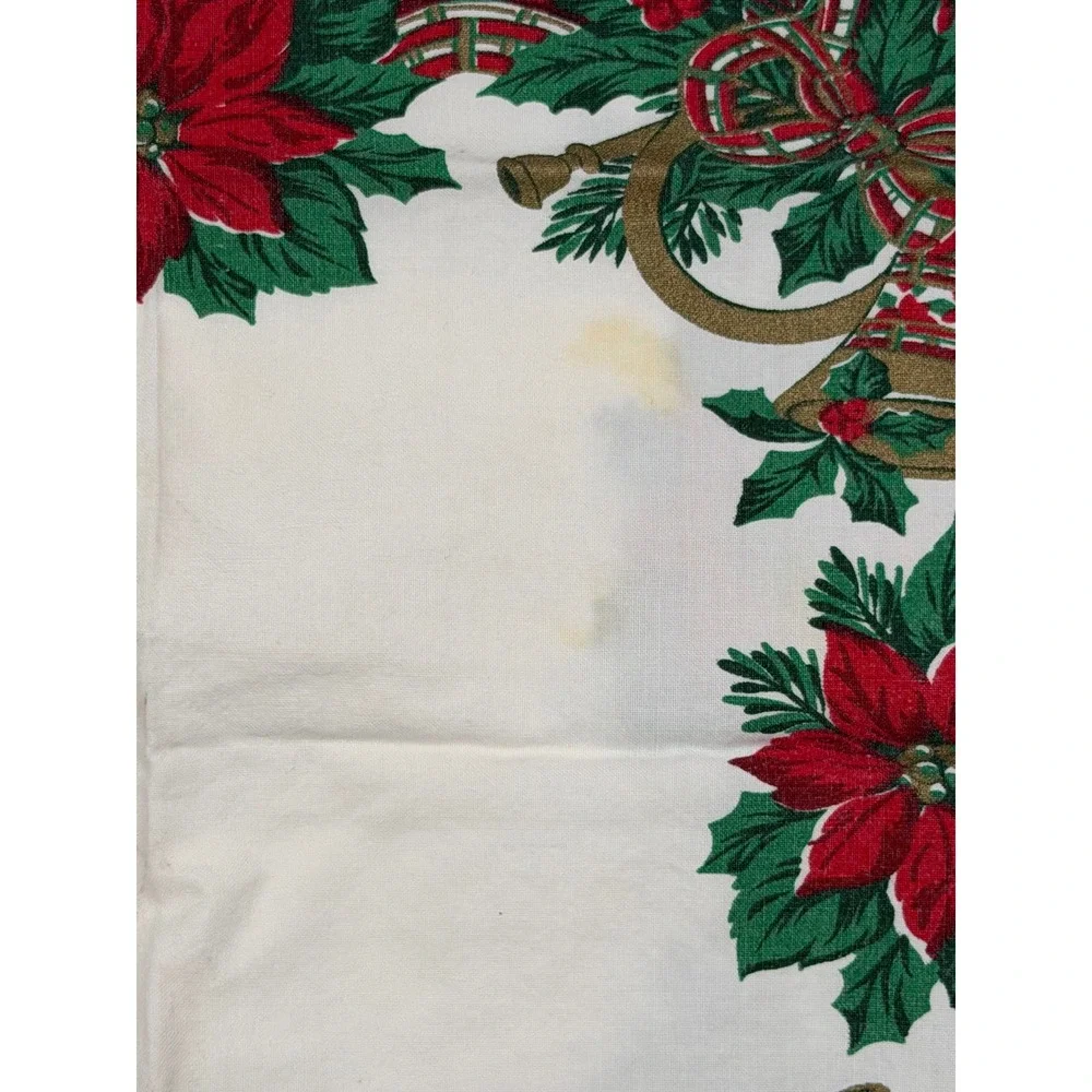 Vintage 90s Christmas‎ Tablecloth and 8 Napkins Set Poinsettia Bells Green Red
